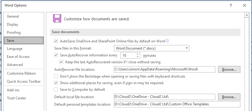 Setting default template locations via the Options dialog