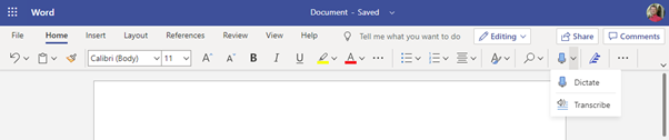 Start Transcribe from Word on the web, from the Dictate microphone icon