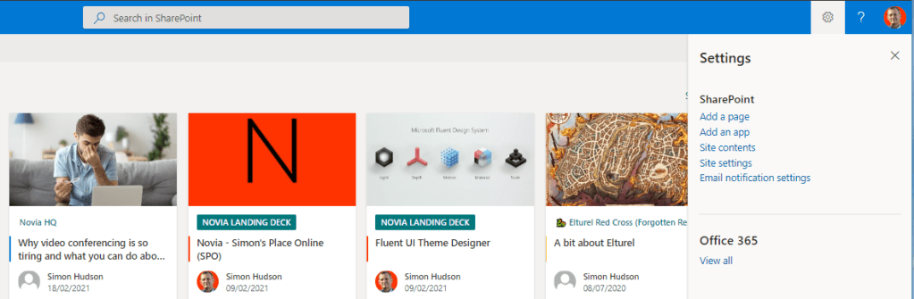 Settings menu. Choose Site Settings from the cog wheel (when it appears)