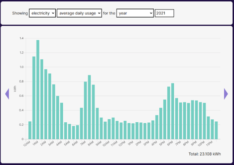 Graph of average time of use of grid electricity, by month in 2021