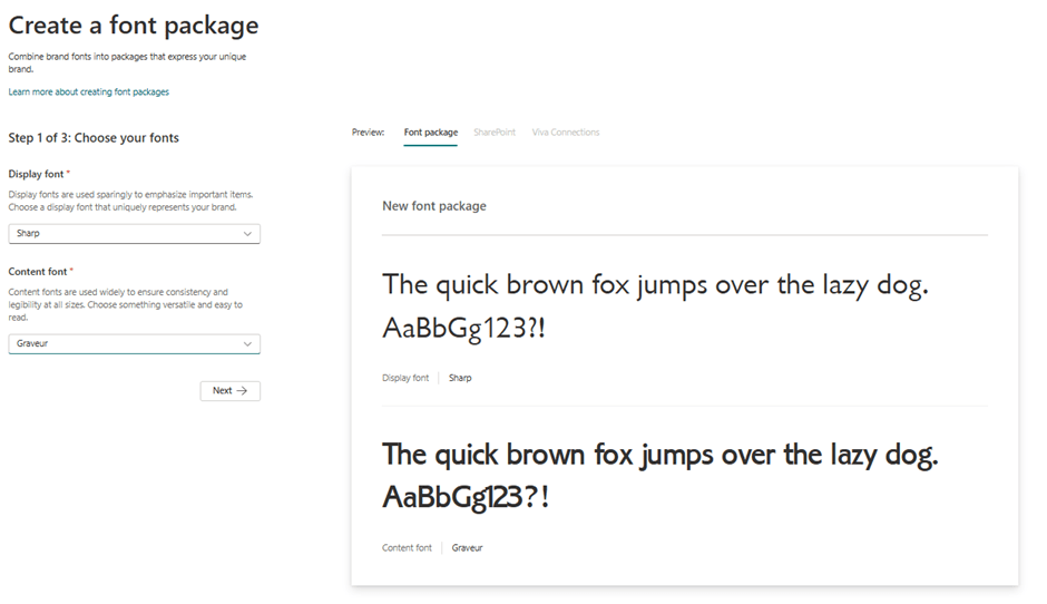 Screenshot showing font package creation step 1