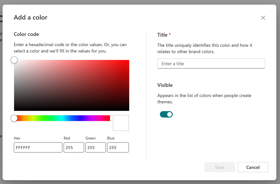 Screenshot showing brand colours being added