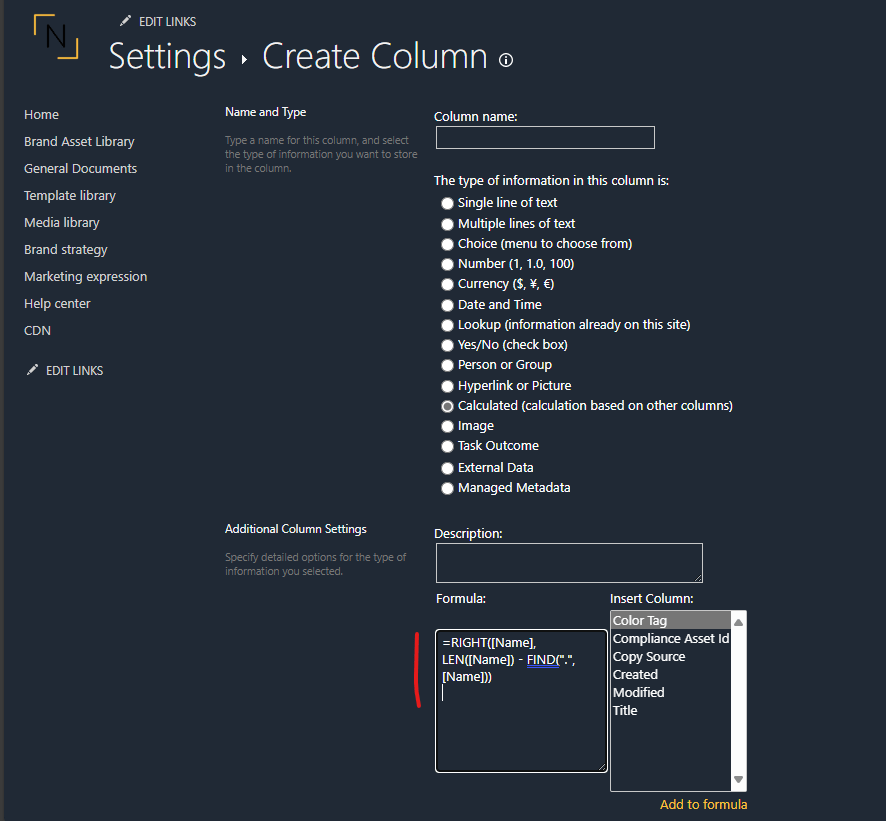 Calculated Column settings in SharePoint, with sample code to extract the file extension.

=RIGHT([Name], LEN([Name]) - FIND(".", [Name]))

 It doesn't work!