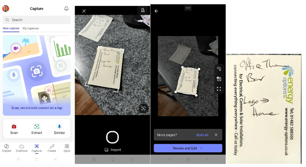 A sequence of screenshots of the M365 Copilot app, used to scan a Post it note, showing its automatic edge detection and document framing.