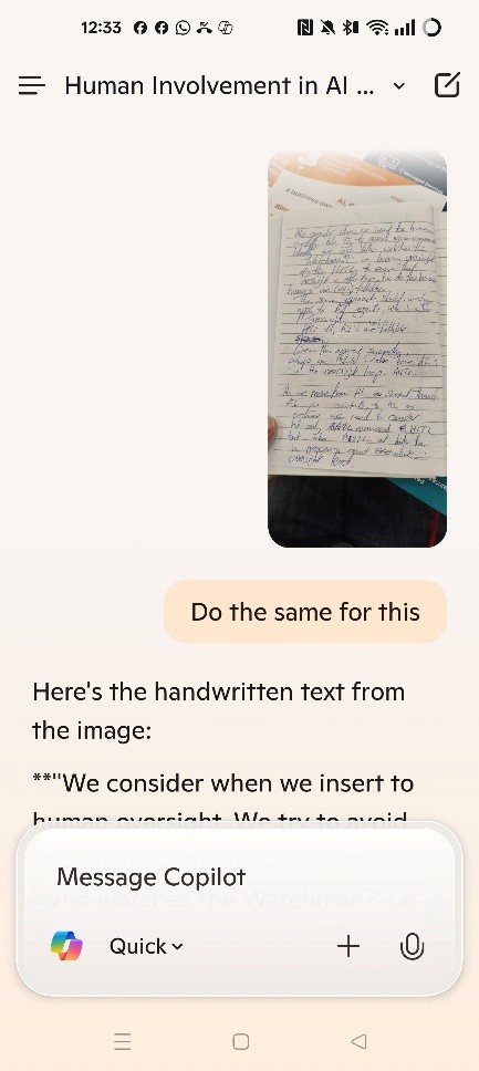 Screenshot of Copilot analysing the second page of my terrible handwriting