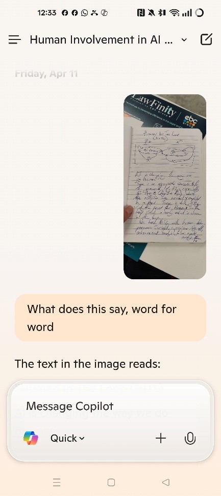 Screenshot of Copilot analysing the first page of my terrible handwriting