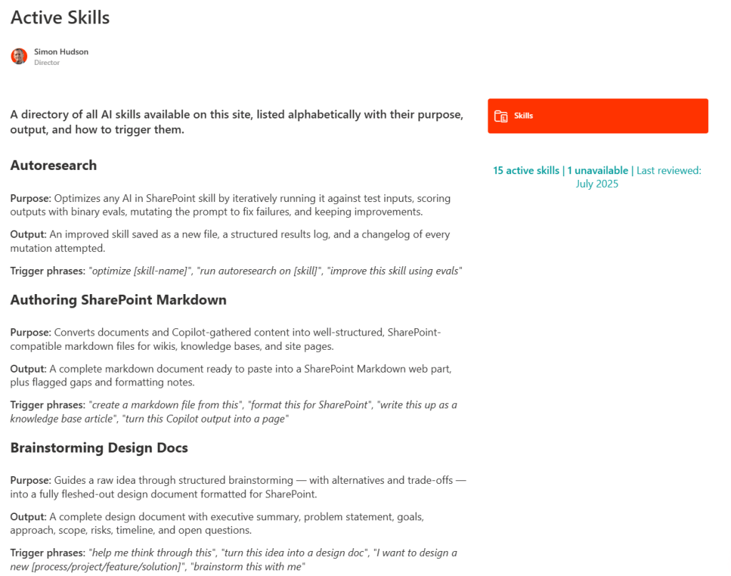 Screenshot of the Active Skills page built to describe each available skill