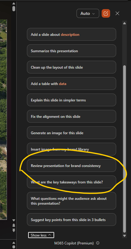 Copilot suggested prompts in PowerPoint, offering "Review presentation for brand consistency" amongst others