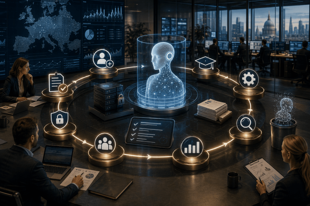 A digital AI agent identity surrounded by a circular lifecycle of governance checkpoints, representing approval, onboarding, monitoring, review and decommissioning.