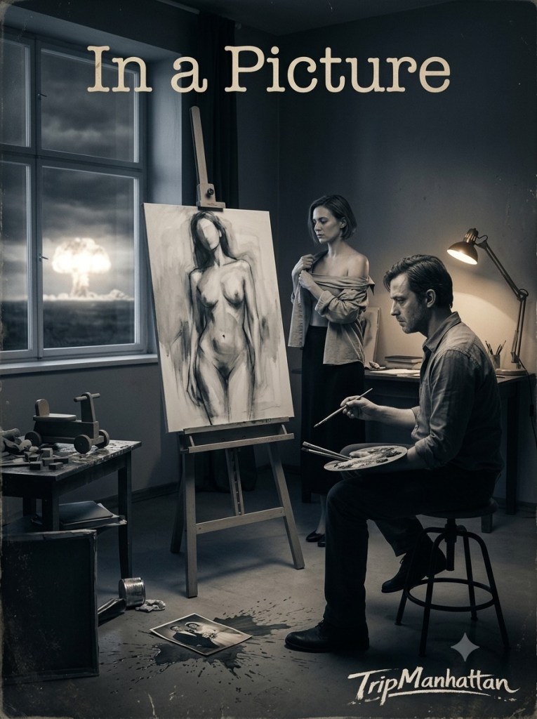 Cover art for a music track, featuring an artist and his model who is undressing for a sitting. An incomplete painting of the naked model stands centre image, while subtle clues relating to the song lyrics are scattered around the scene including the mushroom cloud from a distant atomic detonation
