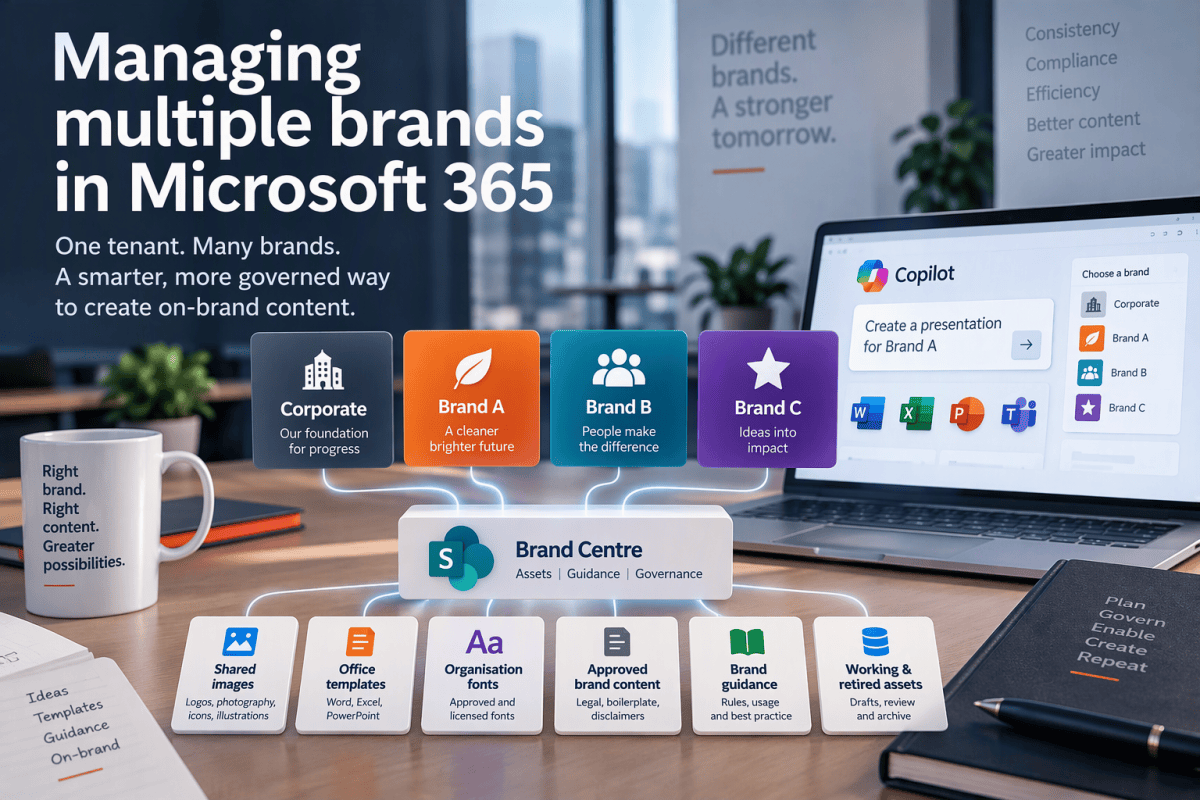 Hero image illustrating multi-brand governance in Microsoft 365. A workspace scene shows a laptop running Microsoft 365 Copilot connected to a central Brand Centre containing shared assets, templates, fonts, approved content and governance resources. Above the Brand Centre sit four distinct brand identities labelled Corporate, Brand A, Brand B and Brand C, demonstrating how a single Microsoft 365 tenant can support multiple brands while maintaining consistent governance and on-brand content creation.