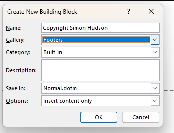 Screenshot of saving a Building Block with, for example, a copyright notice