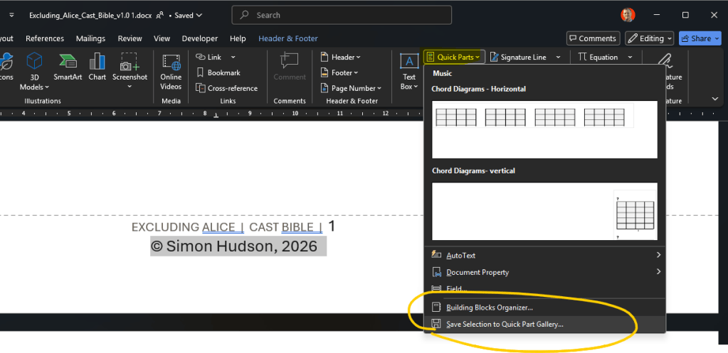 Screenshot of adding reusable boiler plate text in Word